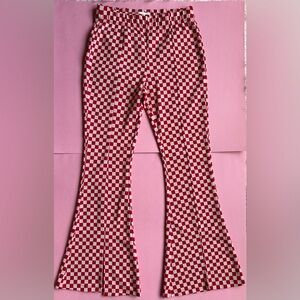 SO Goods For Life Pastel Cherry Checkered High Rise Flared Stretch Trouser Pants